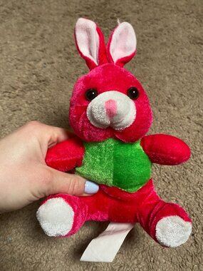 Hot Pink Rabbit with Green Vest White Feet 9" x6" New Sitting Kids Teens Easter